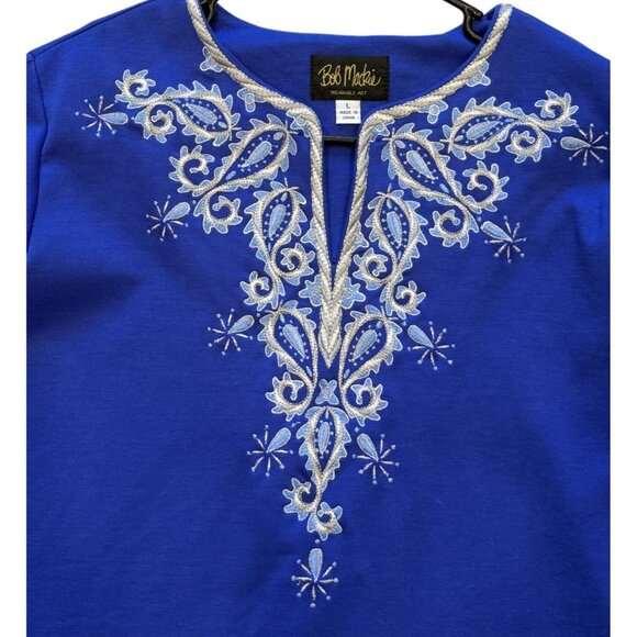 Bob Mackie Wearable Art Blue Embroidered Long Sleeve Womens Top Size L Tunic - Picture 2 of 7